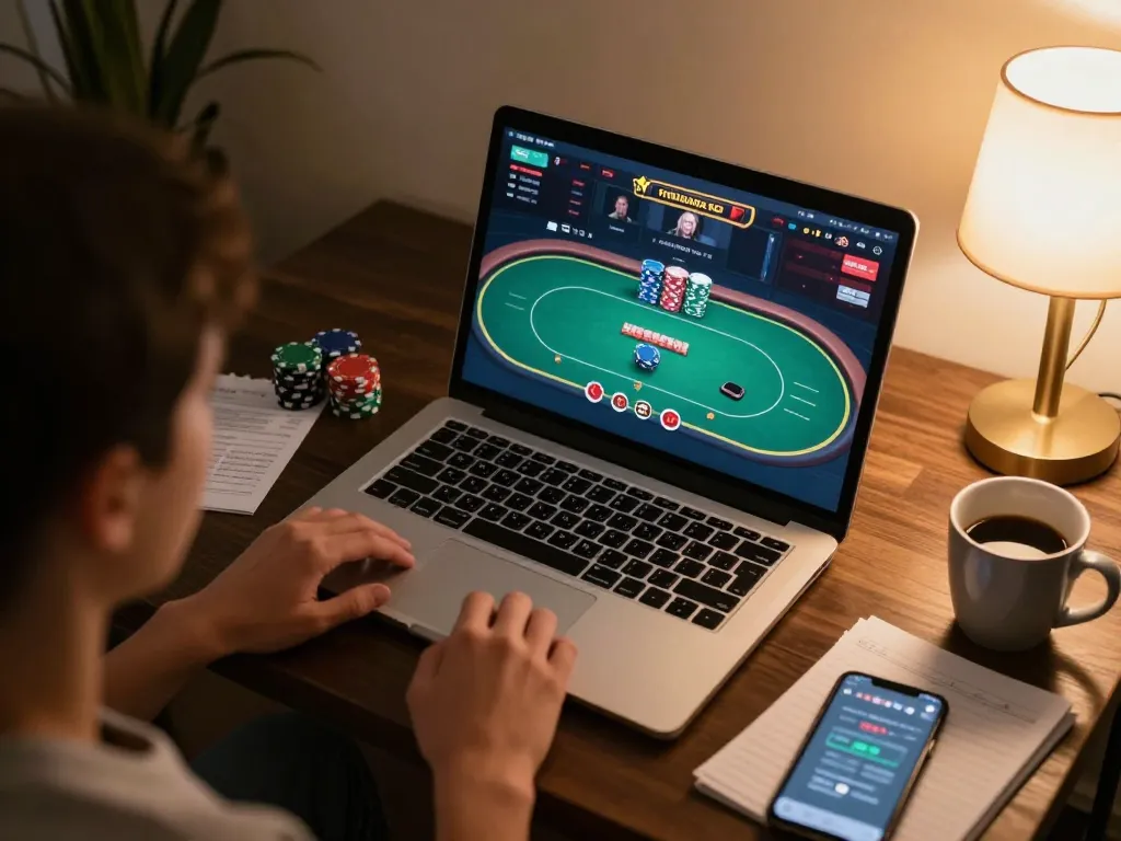 Play poker online with king33 in a cozy home setting, showcasing gameplay on laptop.