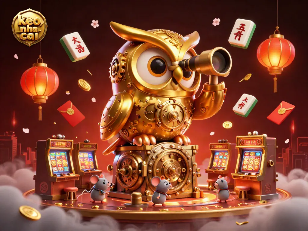 Experience keo nha cai with golden owl observing a vibrant casino scene filled with animated elements.
