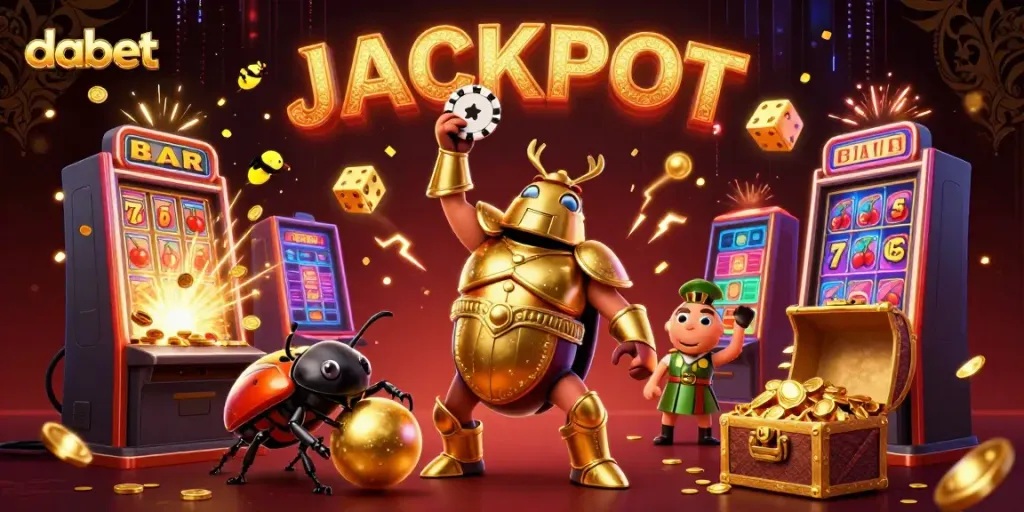 Dabet promotes online gaming excitement with a triumphant beetle, jackpots, and casino elements.
