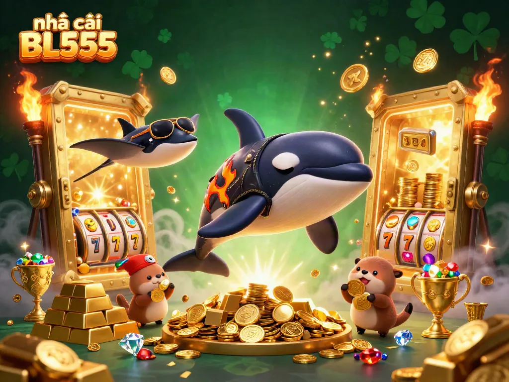 Engage with nhà cái BL555 through an exciting casino-themed illustration featuring vibrant characters and treasures.