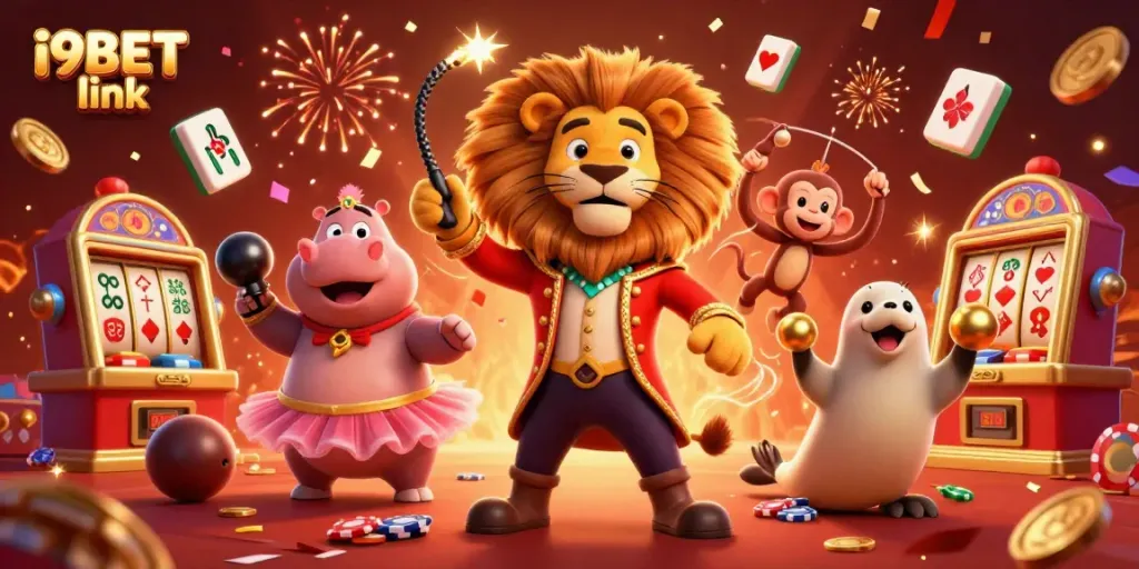Experience the thrill at i9BET link with vibrant 3D casino characters amidst festive elements and slot machines.