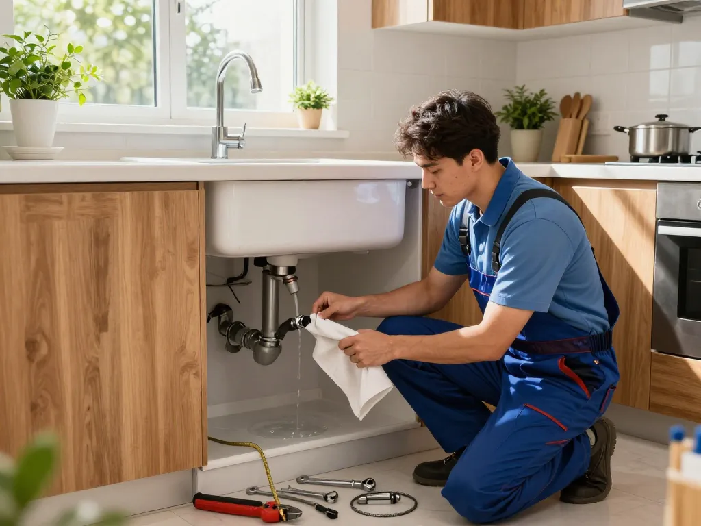 Experienced plumber repairing pipes in a bright kitchen, highlighting Encanador em São Paulo services.
