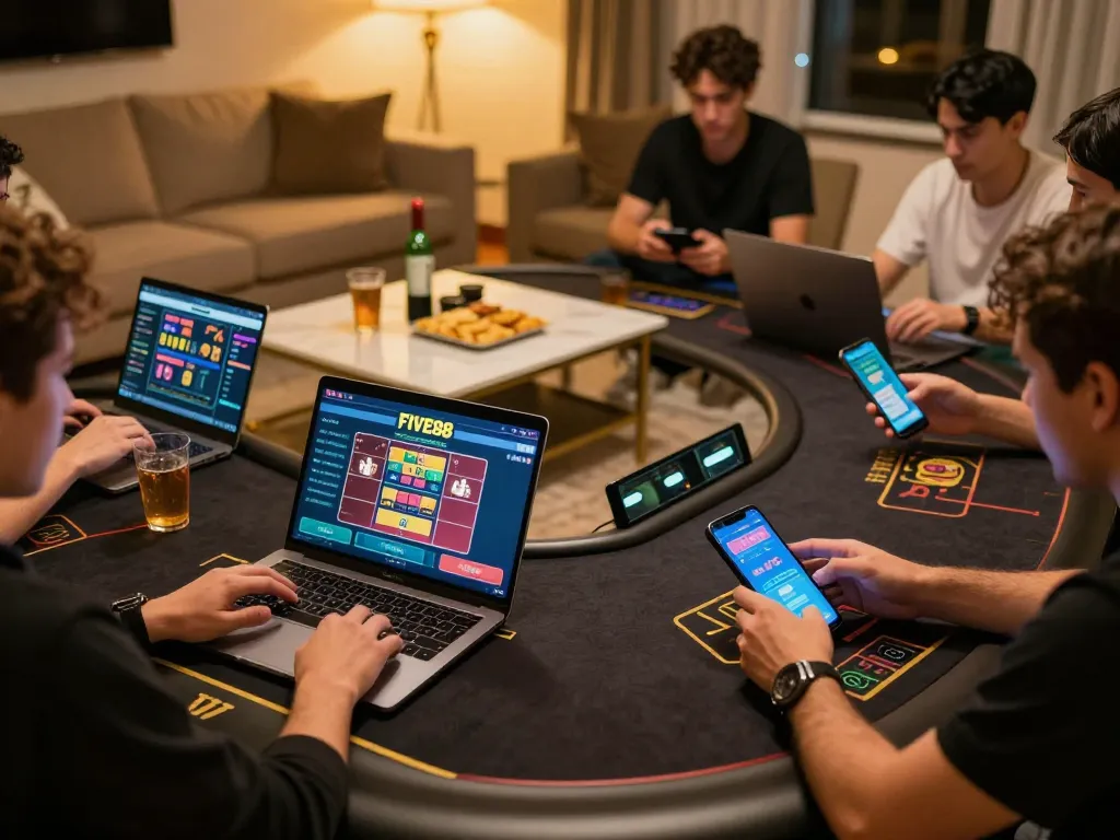 FIVE88 players enjoying live dealer games on multiple devices in a cozy home setting.