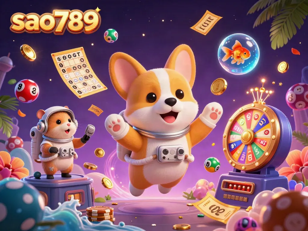 Experience the thrilling atmosphere of sao789 with a corgi, hamster, and goldfish in a vibrant casino scene.