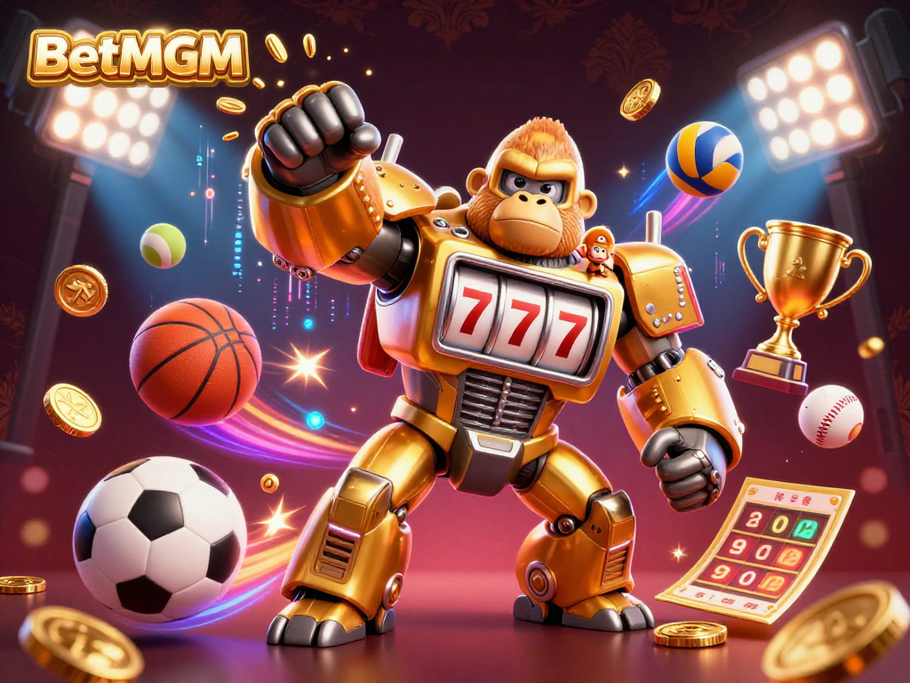 BetMGM showcases an ultra-detailed 3D golden gorilla mech, punching with explosive coins, in a dynamic casino scene.