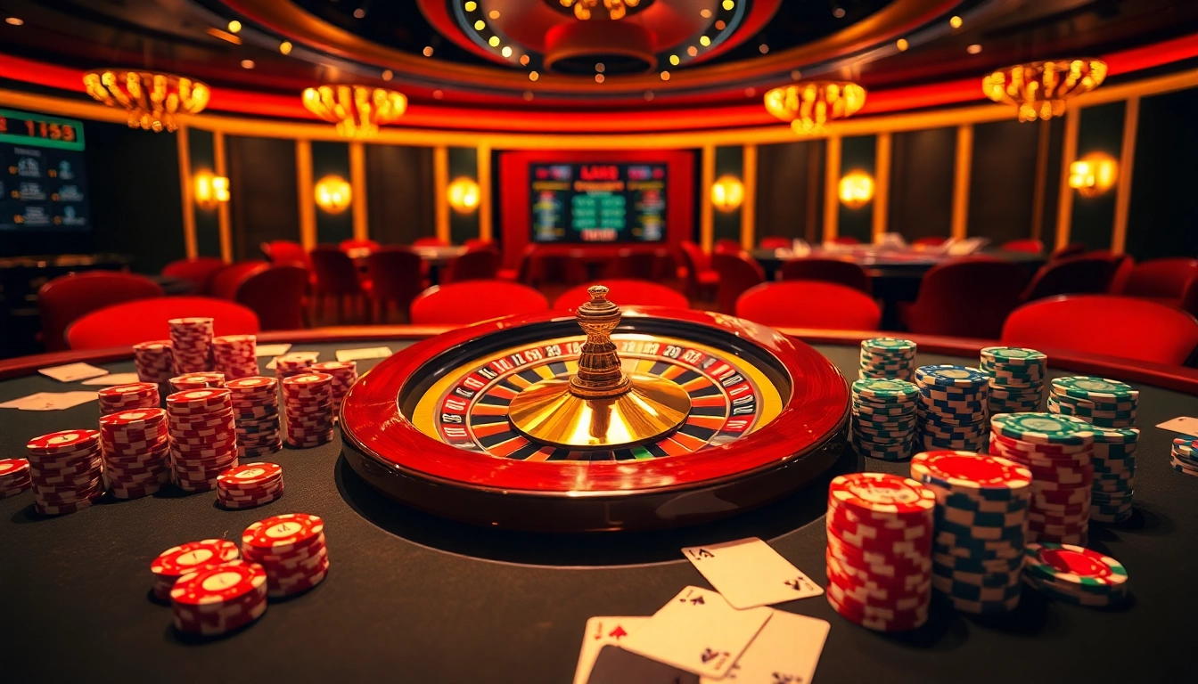 Engaging scene of luxury casino featuring keonhacai 5 betting slips and poker chips on a roulette table.
