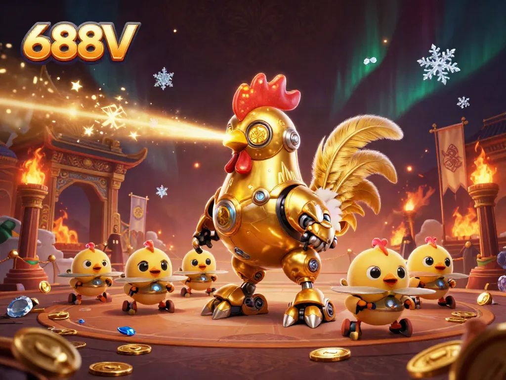 Experience the vibrant energy of 688V with dynamic golden robot characters engaging in thrilling gaming action.