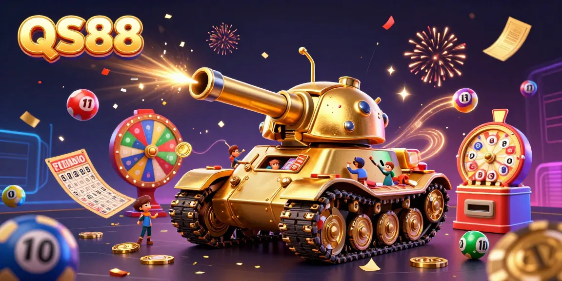 Experience the thrill of winning with QS88 in a vibrant casino-themed 3D illustration filled with lottery excitement.
