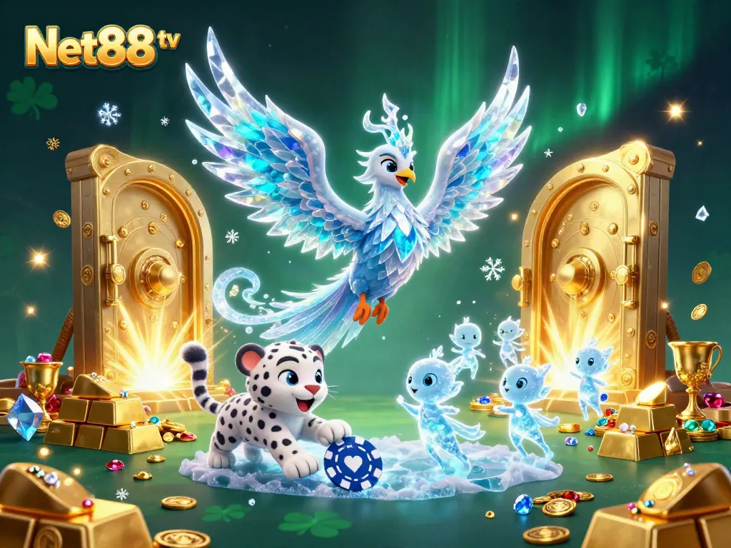 Experience thrilling gaming with Net88 tv showcasing an ice phoenix and treasures in a vibrant, colorful casino scene.