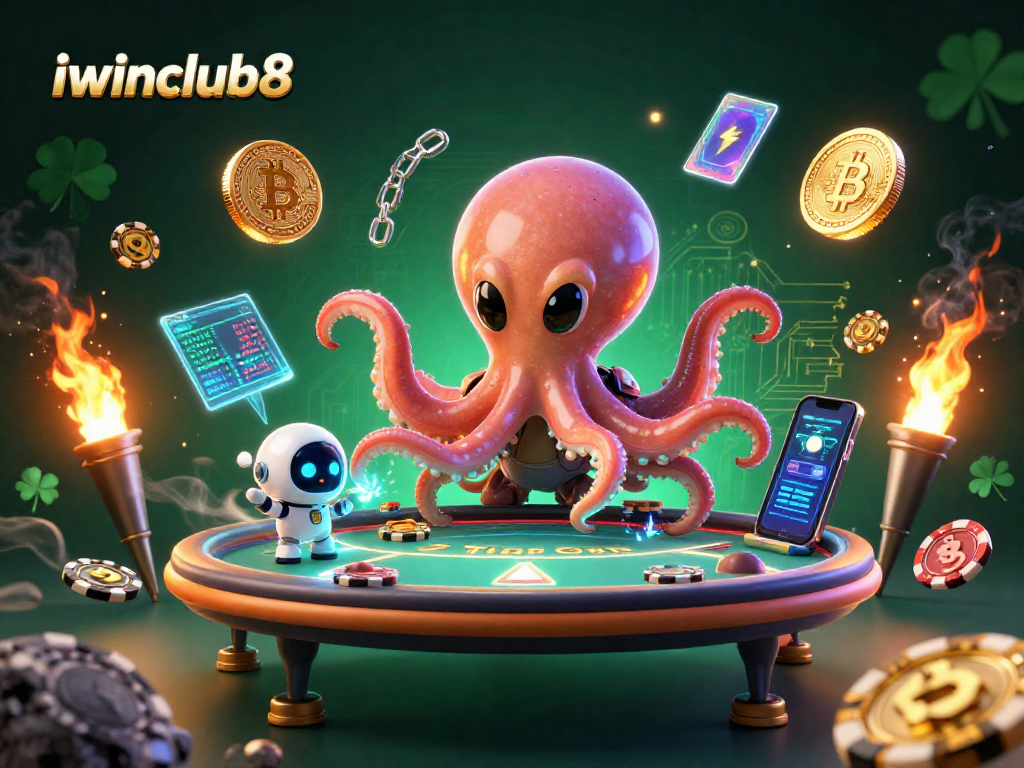 Experience exciting gaming with iwinclub8 at a holographic poker table surrounded by crypto treasures.