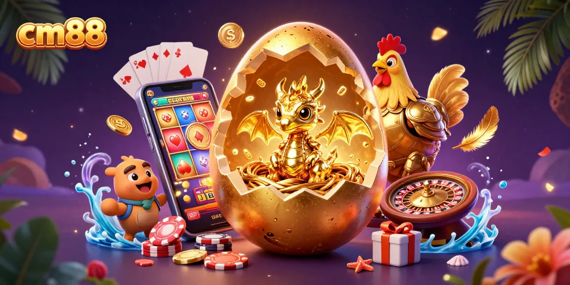 Experience thrilling cm88 gaming with a secure environment, featuring a golden baby dragon and slot game elements.