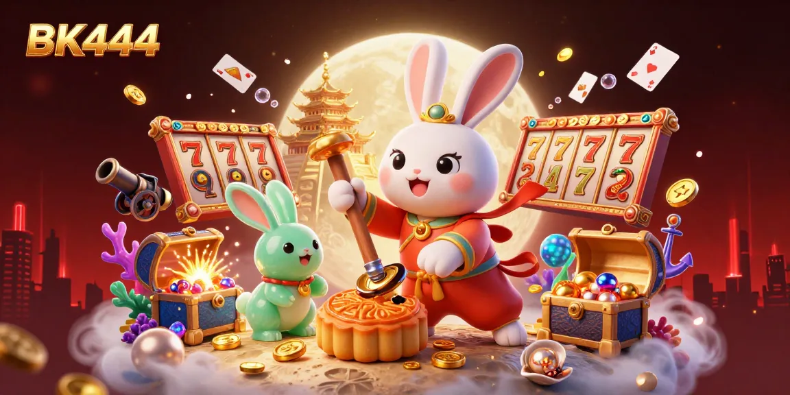 Win with BK444 in this dynamic 3D casino scene featuring vibrant slots and thrilling gaming elements.