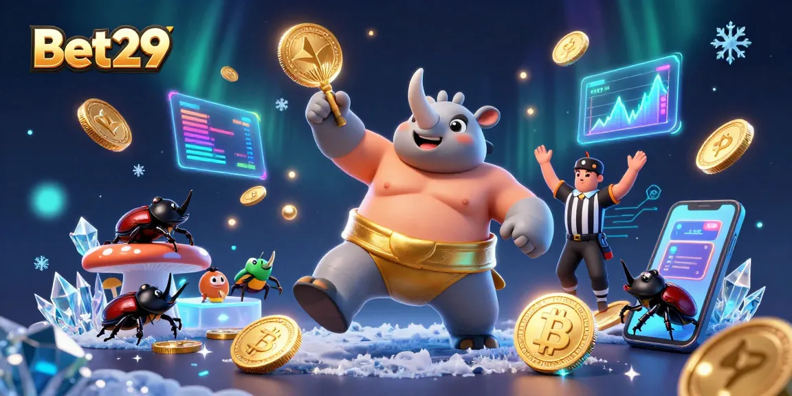 Bet29 brings an energetic casino scene with a rhinoceros beetle champion, golden coins, and crypto elements.