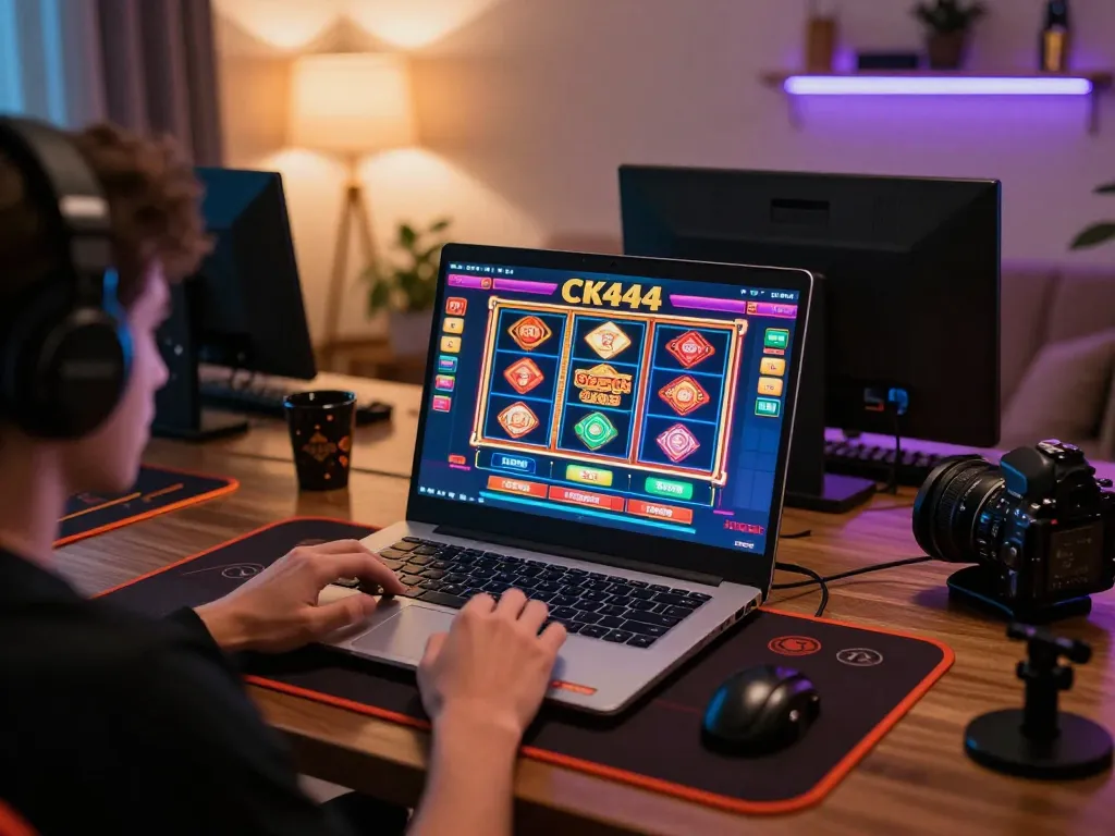 CK444 online casino gaming setup featuring user engaged with vibrant slots and live dealer games.
