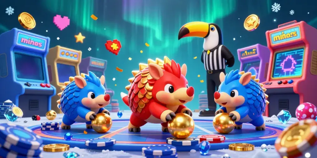 Experience thrilling mines gameplay with rival pangolins competing in a colorful casino scene.