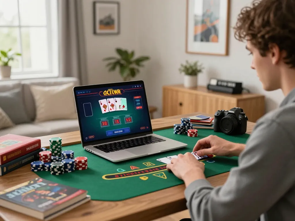 Jogador engajado elaborando estratégias durante um jogo de blackjack na plataforma online da 887bet, com fichas coloridas e laptop em um ambiente aconchegante.