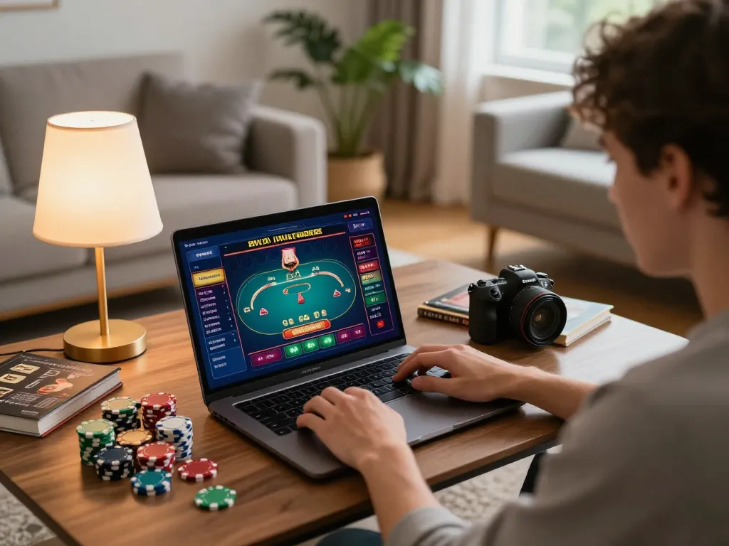 va88 player engaging in online poker from home, vibrant game interface illuminated by ambient light.