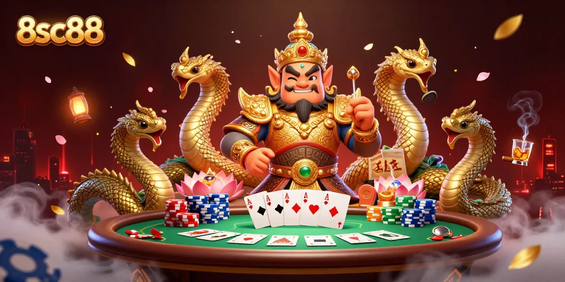 Experience the thrill of 8sc88 poker with a captivating scene full of excitement and vibrant elements.