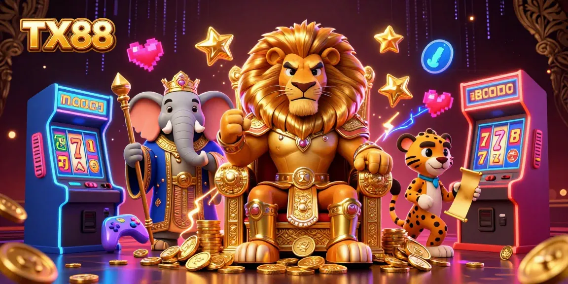 Play slots and win with TX88 in a vibrant, animated casino scene showcasing rich characters.