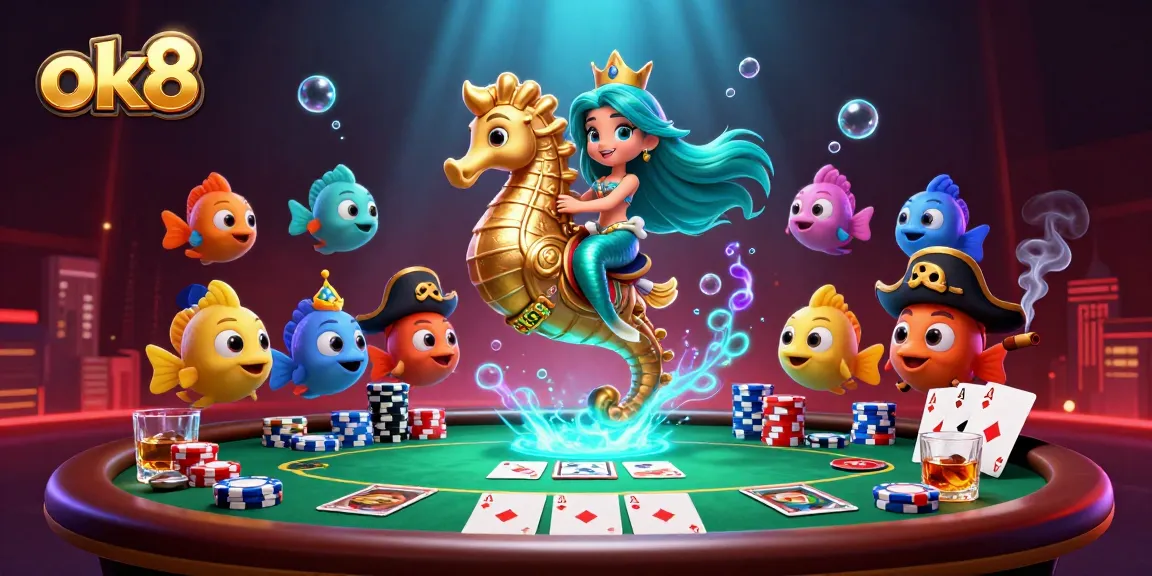 Immerse in excitement at ok8 with a cartoon mermaid princess, giant seahorse, and poker elements in a vibrant casino illustration.