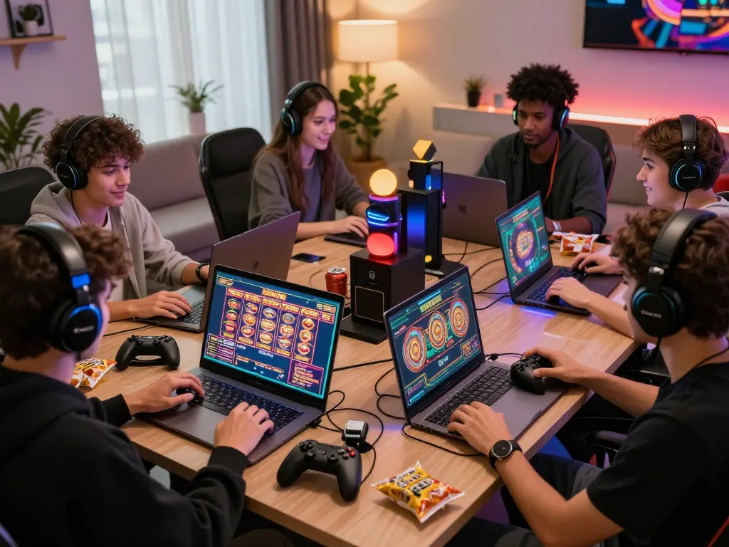 A vibrant gaming scene showcasing players enjoying AQ777 casino games with colorful screens and lively atmosphere.
