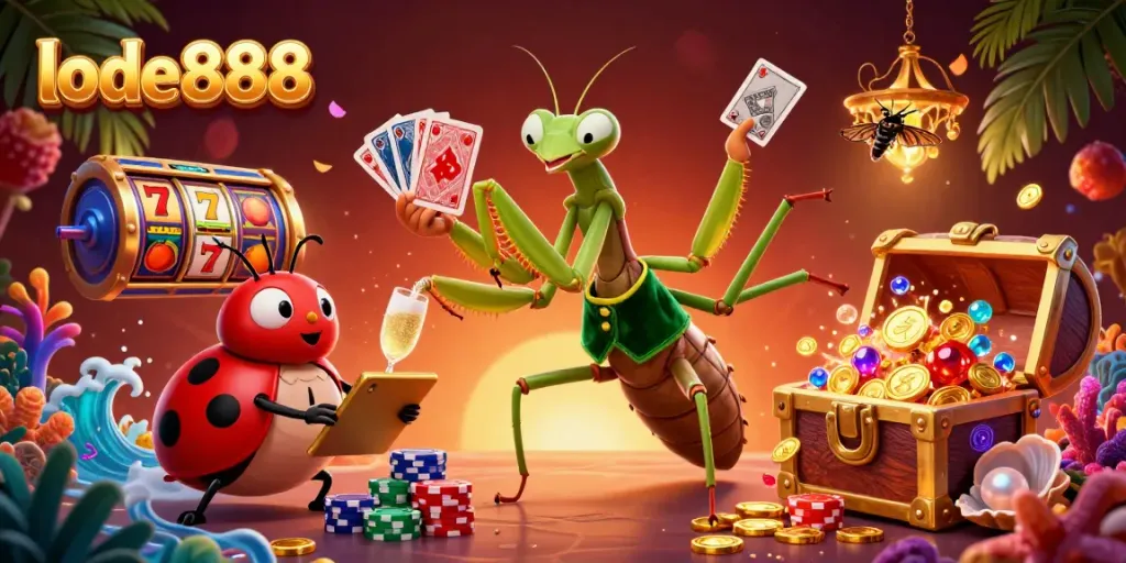 Engage with lode888's vibrant casino scene featuring dynamic characters, slot reels, and treasure.
