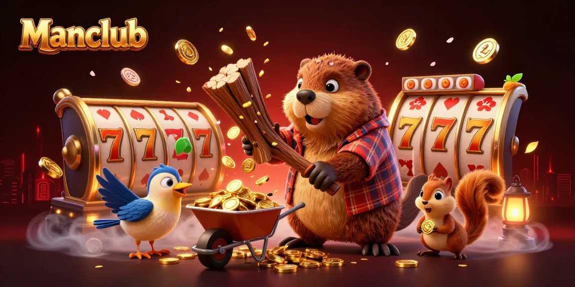 Experience Manclub's thrilling slot action with a vibrant illustration of a beaver and friends collecting coins.