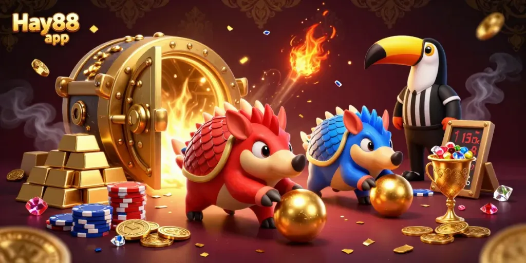 Experience thrilling excitement with Hay88 app as rival pangolins engage in casino gaming action, showcasing vibrant gems and gold.