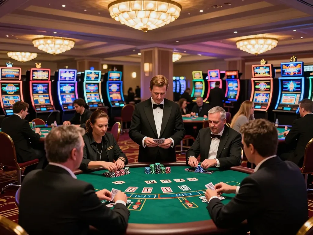 Engaged players at a lively blackjack table in a luxurious casino setting featuring 33CC gaming excitement.