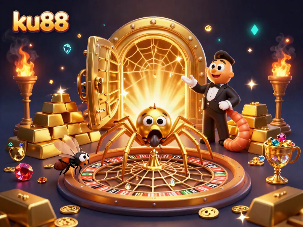 Place bets with ku88 in a thrilling golden casino scene featuring a spider and centipede croupier.