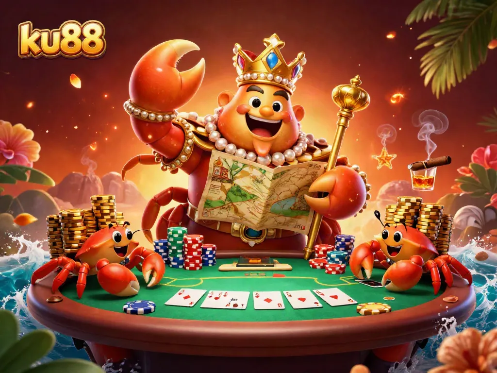 ku88 showcases a vibrant scene with a golden crab emperor amidst colorful poker elements in an engaging casino atmosphere.