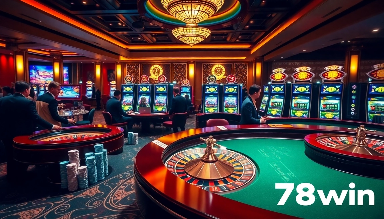 Experience thrilling gaming action at 78win casino with engaging tables and bright slot machines.
