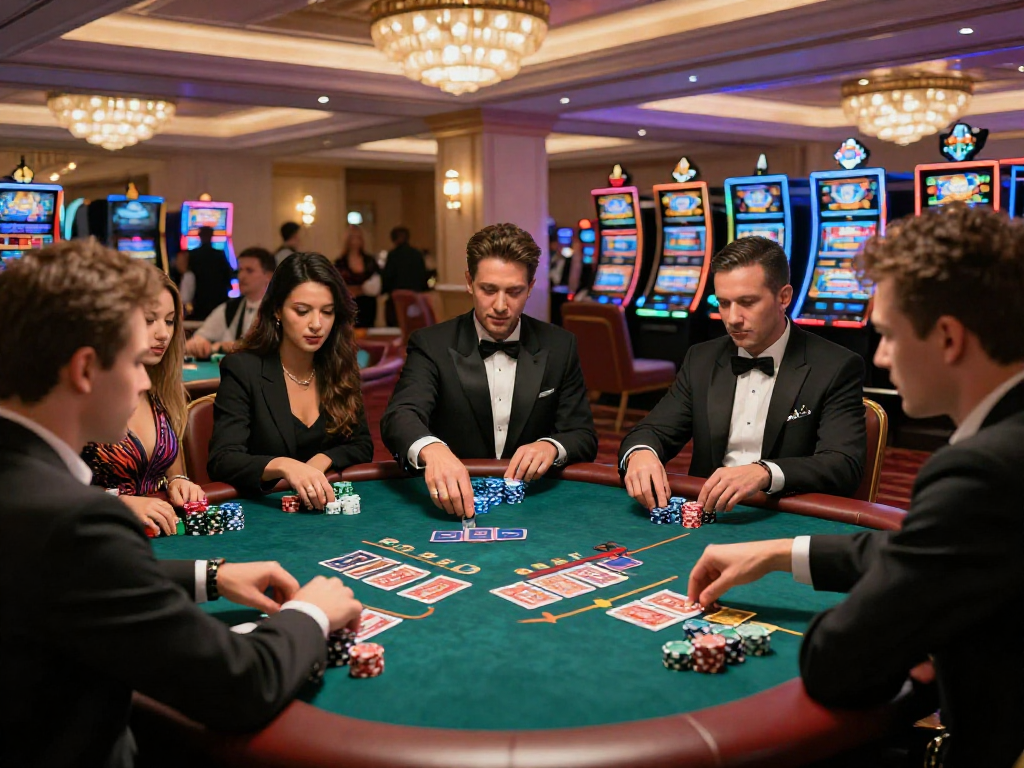 Players at a high-stakes poker table with chips and cards at https://vin88-casino.games/ showcasing an exciting casino atmosphere.