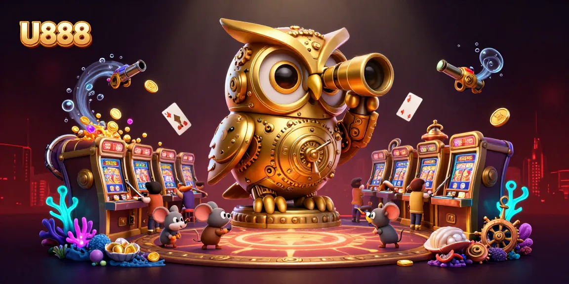 Experience thrilling wins at U888 with a vibrant 3D illustration of a golden owl watching over a casino.