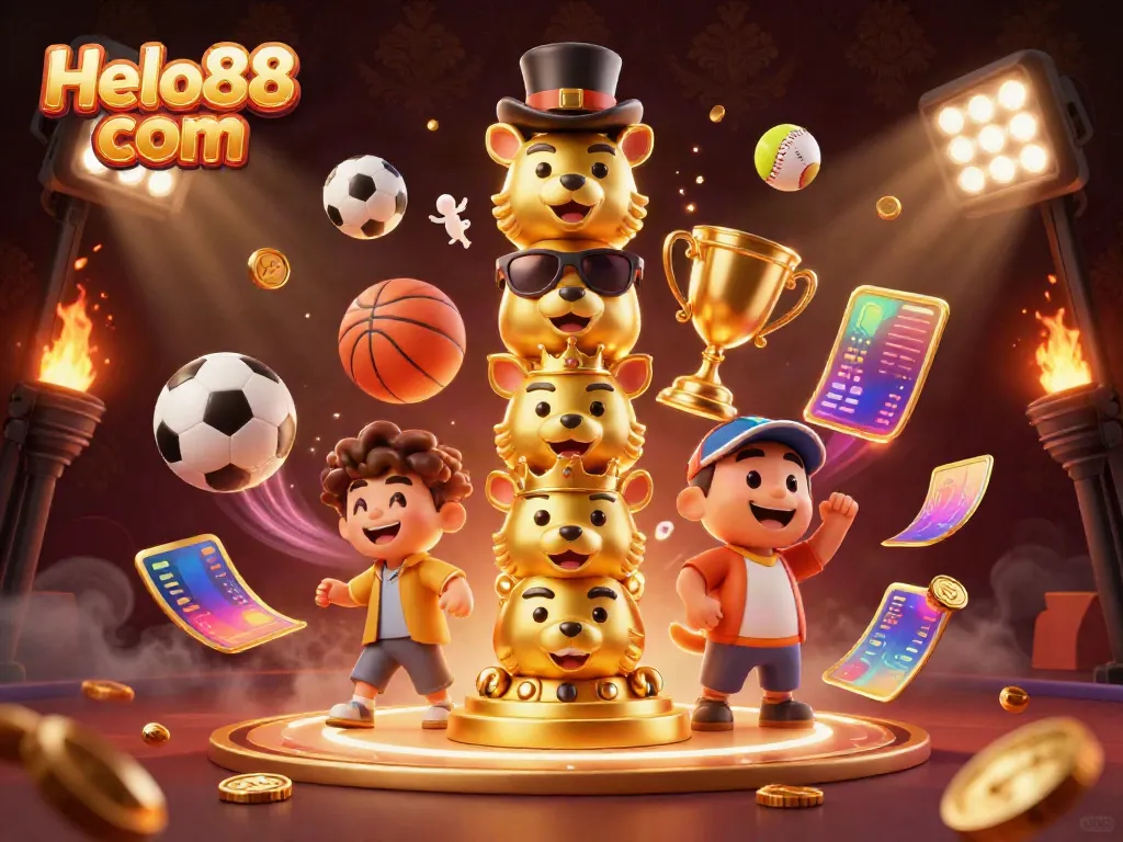 Engage with thrilling games at Helo88 com featuring cartoon totem pole and dynamic sports elements.