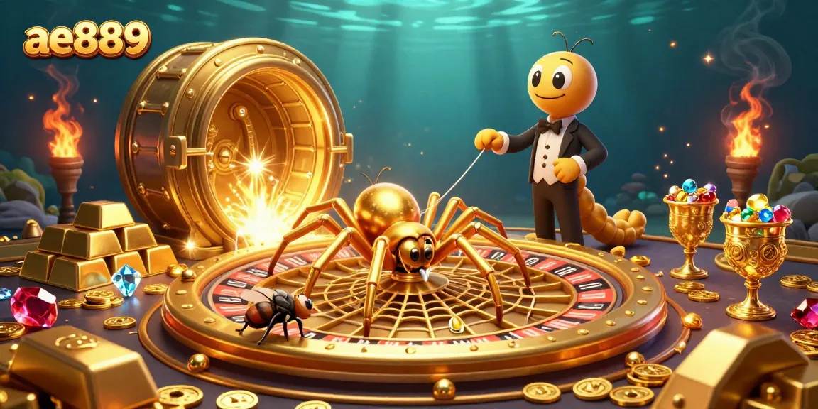 ae889 showcases a bustling casino scene with a golden spider and croupier, emphasizing thrilling bets.