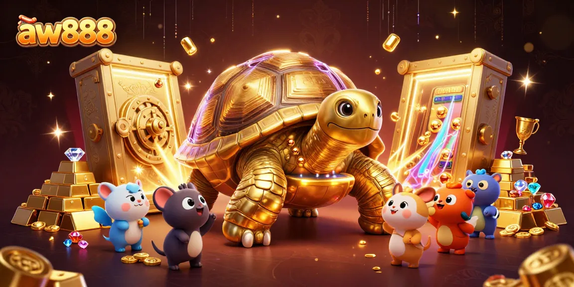 Engage with aw888's exhilarating gaming experience featuring a colossal tortoise and glittering treasures.