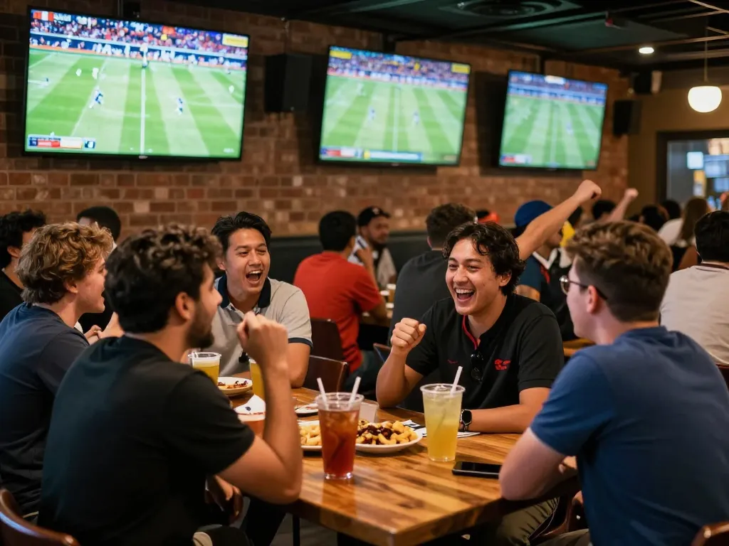 Socolive fans watching live football matches in a lively sports bar atmosphere