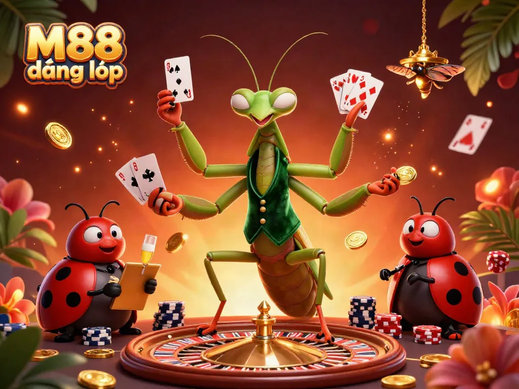 M88 đăng nhập casino scene showcasing a giant mantis card dealer and ladybug pit boss amid vibrant game elements.