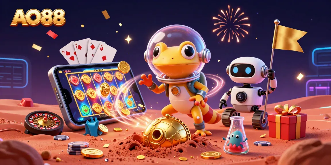 Cheer for winnings at AO88 with a Martian gecko discovering a golden casino on Mars