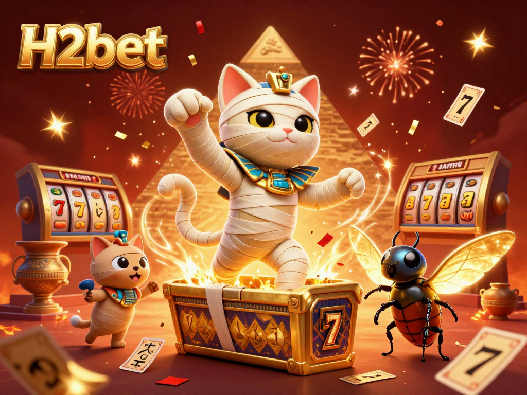 Engage with H2bet's thrilling 3D Egyptian-themed casino illustration featuring a mummy cat and dynamic gaming elements.