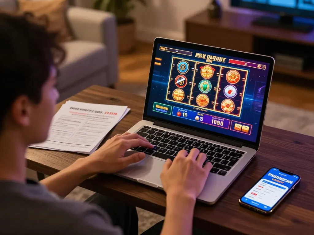 PHDREAM user enjoying slot games on a laptop in a cozy home setting with strategic notes.