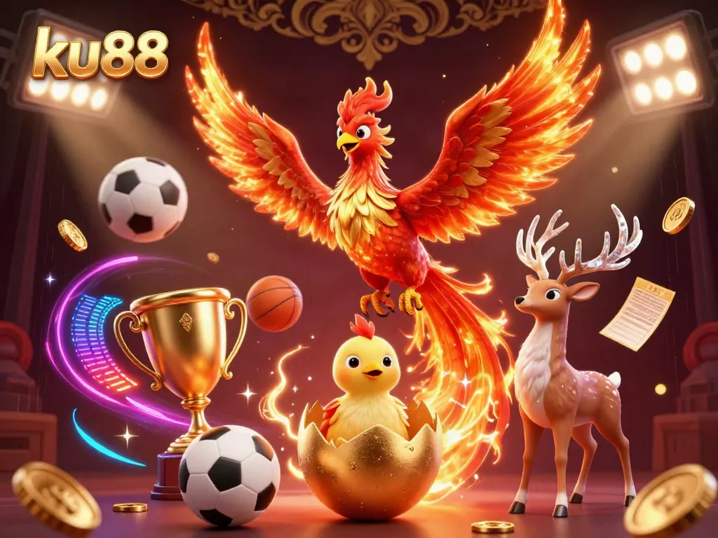 Bet on KU88's exhilarating gaming experience with a dynamic scene featuring a phoenix and sports elements.