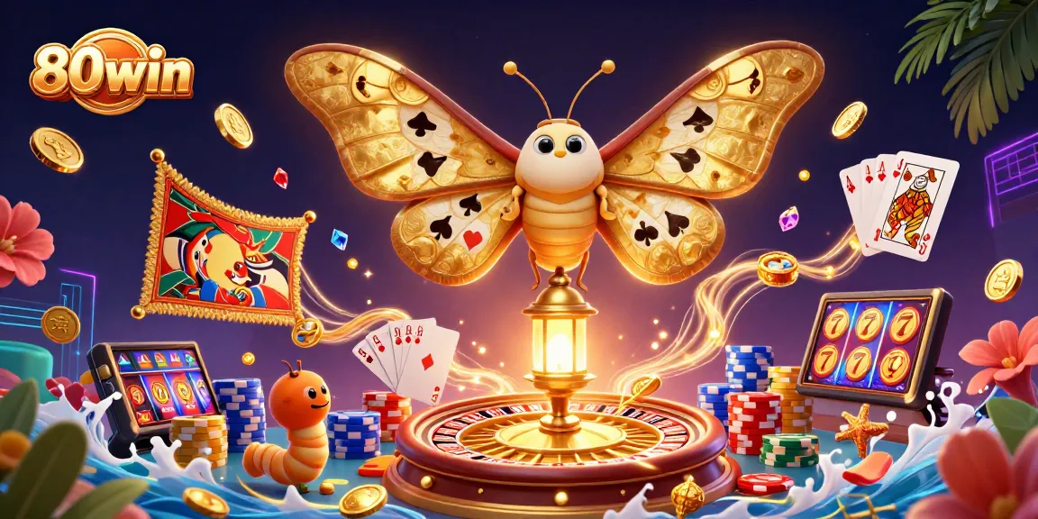 Win big at 80win with a dazzling 3D illustration of casino excitement featuring vibrant games.