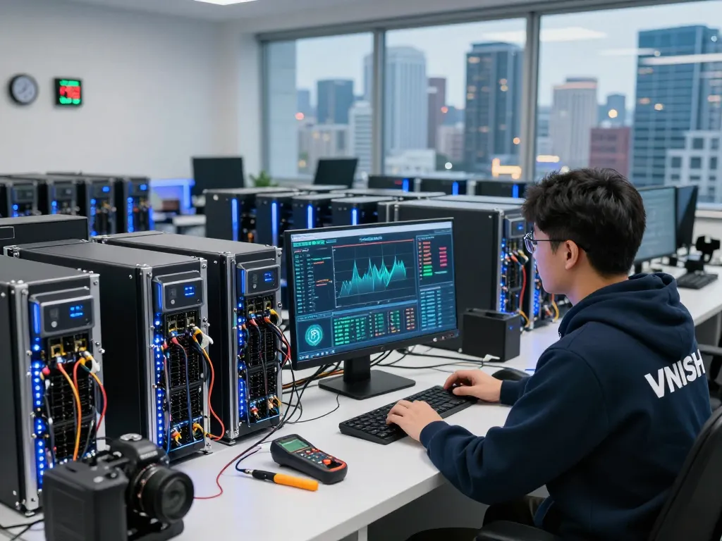 Engenheiro monitorando mineradores ASIC em https://vnish.net.br/ em uma moderna instalação de mineração de criptomoedas