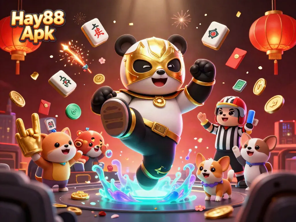 Experience the excitement of Hay88 Apk with a dynamic casino-themed 3D scene featuring playful characters.