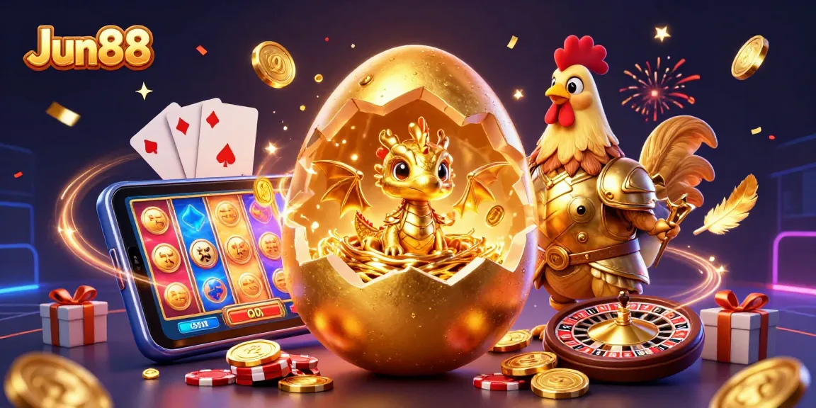 Experience the excitement of Jun88 slots with a dazzling gold dragon scene and vibrant casino elements.