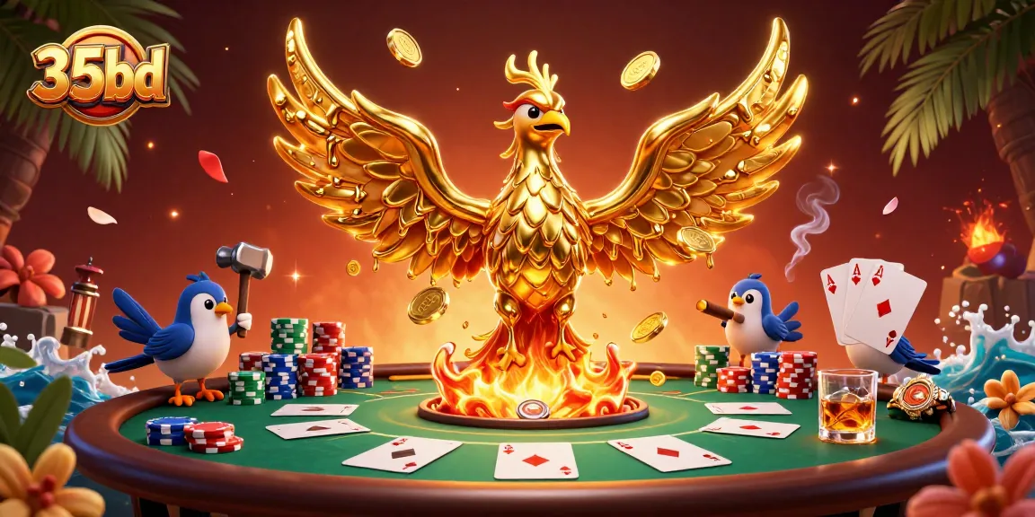 Engage with 35bd's thrilling casino scene featuring a molten phoenix and vibrant poker elements.