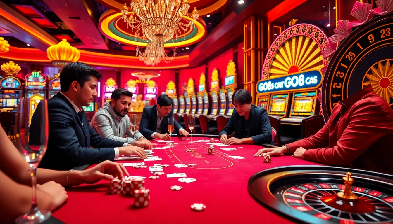 Engage in thrilling high-stakes poker with go8 casino elements, dazzling lights, and excited players.