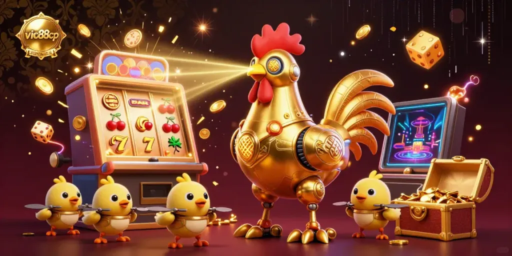 Experience thrilling 3D action with vic88cp, featuring an explosive jackpot scene with golden robots and vibrant game elements.